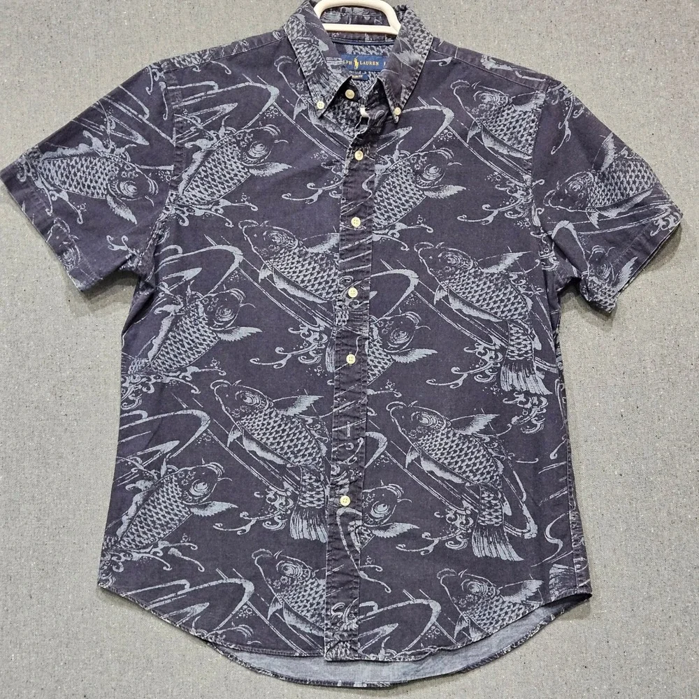 Polo Ralph Lauren Mens Slim Fit Koi Fish Print Short Sleeve Button Down Shirt L